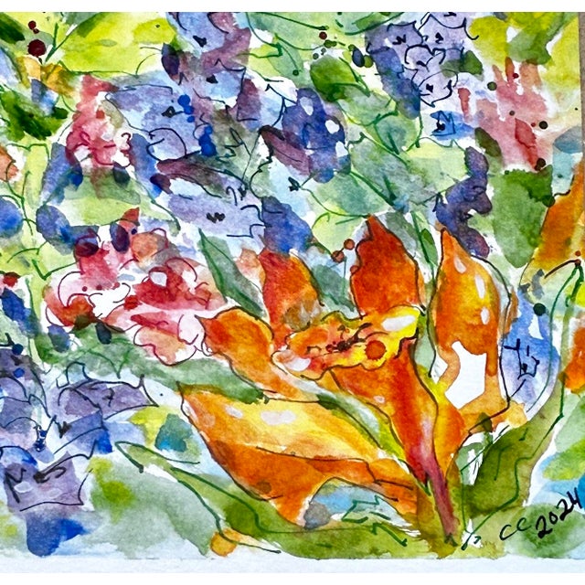 Contemporary Original Ink and Wash Watercolor Painting Lillies For Sale - Image 3 of 6