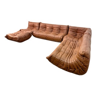 Set of 5 Togo Sofa in Cognac Leather by Michel Ducaroy for Ligne Roset, 1970s For Sale