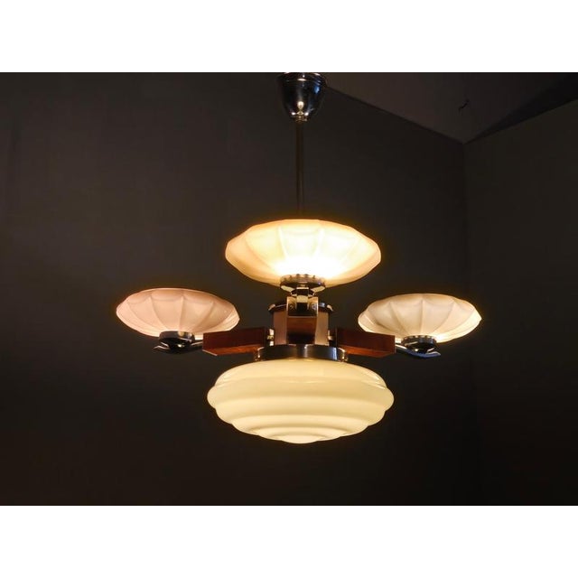 Art Deco Czechoslovak Chandelier in Walnut Chrome and Glass, 1940s For Sale - Image 11 of 13