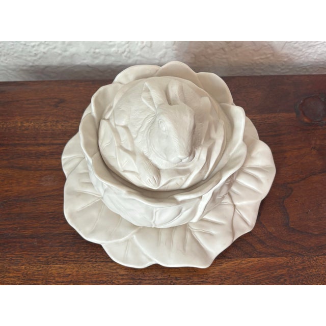 Bordallo Pinheiro Late 20th Century White Bisque Porcelain Rabbit Cabbage Tureen on Plate Attributed to Bordallo Pinheiro For Sale - Image 4 of 10