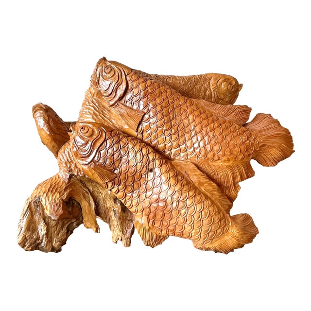 Vintage Boho Carved Trunk Koi Sculpture For Sale