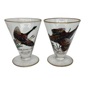 Mid Century Cordial Glasses With Wild Birds a Pair