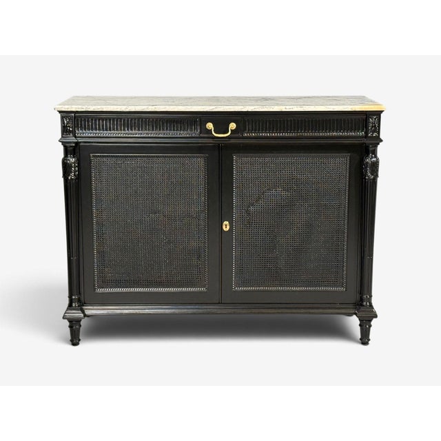 Black Hollywood Regency Style, Buffets, Black Painted Wood, Marble, France, 1940s For Sale - Image 8 of 18