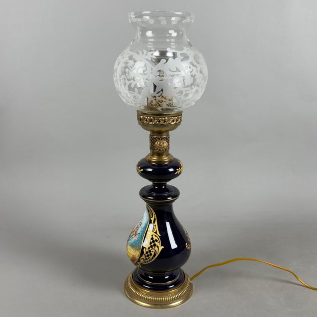 Antique French Porcelain Table Lamp in Brass and Satin Glass For Sale - Image 5 of 14