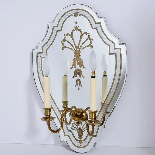 French Pair French Eglomise Mirrored Wall Sconces,1950 France. For Sale - Image 3 of 10