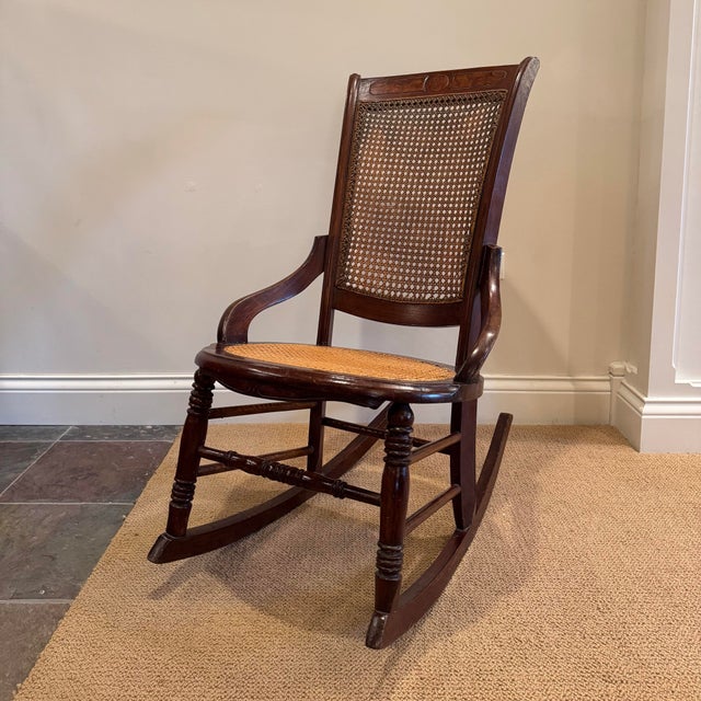 Victorian Last Call! Vintage Victorian Mahogany and Cane Rocking Chair For Sale - Image 3 of 10