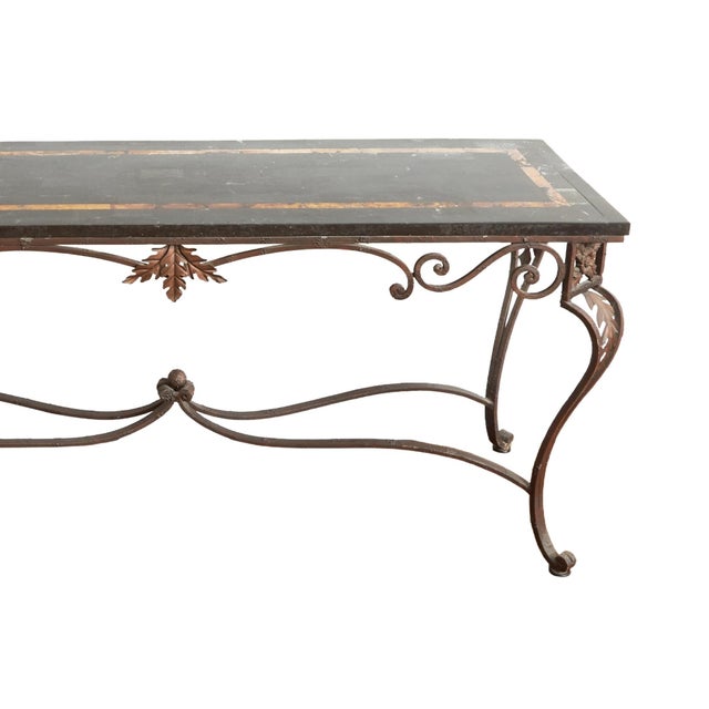 Italian Wrought Iron Framed Laminated Marble-Design Wood Console / Entry Table For Sale - Image 4 of 9