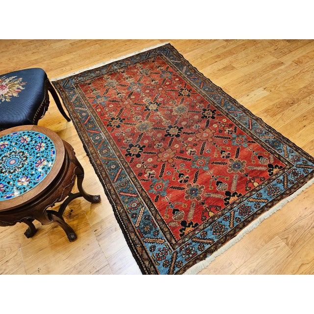 Vintage Malayer Rug, All Over Geometric Pattern, Handwoven Rust Red & Blue, 4’ X 6’ For Sale - Image 4 of 12