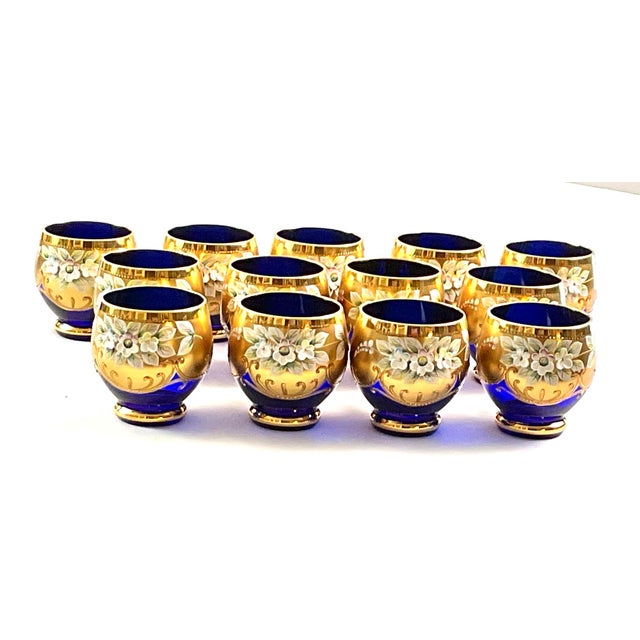 Bohemian Punchbowl set – hand blown, cut and polished cobalt crystal-all pieces are encrusted with 24it gold – embellished...