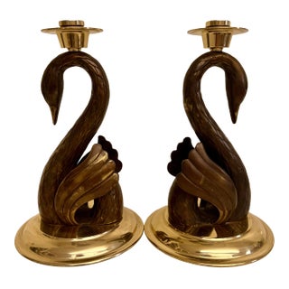 Brass Swan Candle Holder Pair MCM Vintage Decor For Sale