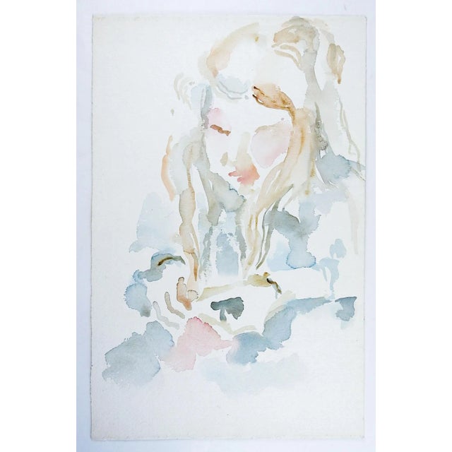 Shabby Chic Impressionist Watercolor Portrait of Woman in Blue Dress Painting For Sale - Image 3 of 4