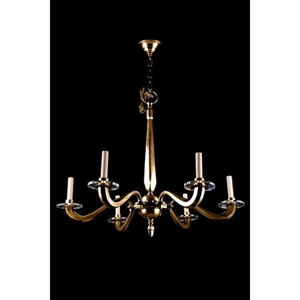 Art deco style 6 arm chandelier with sectioned fluted arms and glass bobeches.