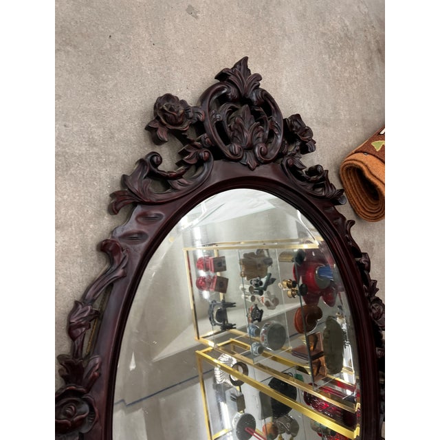 Vintage Hand Carved Wooden Oval Wall Mirror For Sale - Image 4 of 4