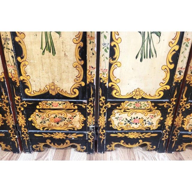 Antique Italian Floral Scarlet & Black Venetian Painted 4 Panel Folding Screen For Sale - Image 14 of 15