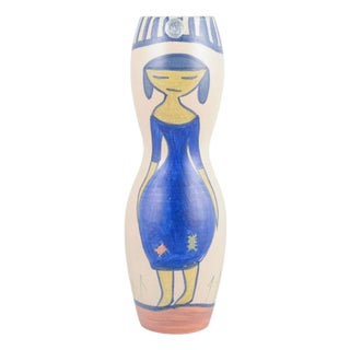 Ceramic Vase with Woman in Blue Dress Motif from Krukmakaren, Ystad, 1970s For Sale