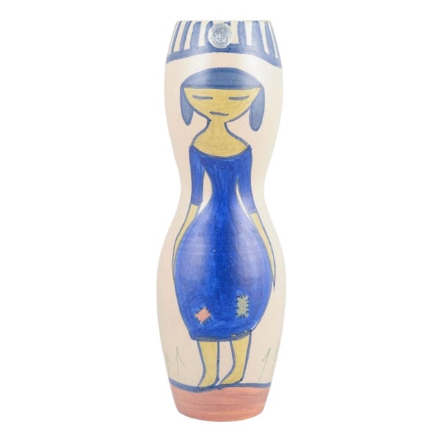 Ceramic Vase with Woman in Blue Dress Motif from Krukmakaren, Ystad, 1970s For Sale