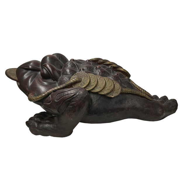 Vintage Chinese Brown Metal Toad Frog Coins FengShui Figures For Sale - Image 16 of 16