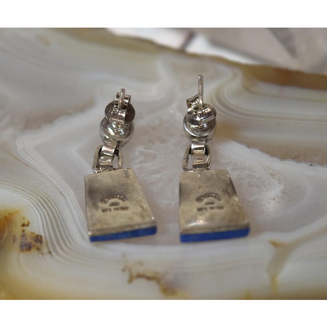 Vintage Escorcia Sterling Silver Lapis Inlaid Dangle Post Earrings, A Pair For Sale - Image 9 of 17