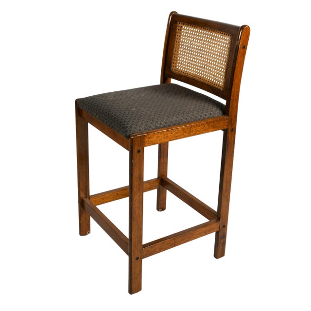 Traditional Oak Cane Back Bar Counter Stool With Upholstered Seat For Sale - Image 3 of 8