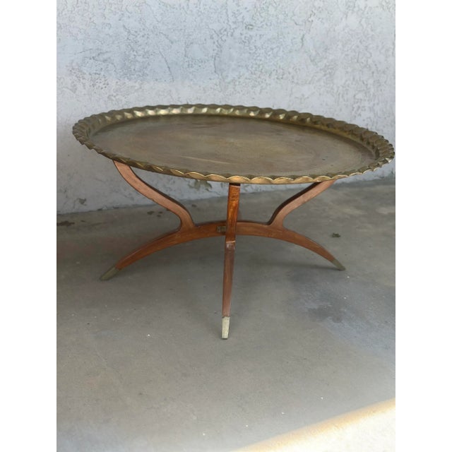 1950s Moroccan Brass Tray Table on Mid-Century Modern Base For Sale - Image 9 of 12