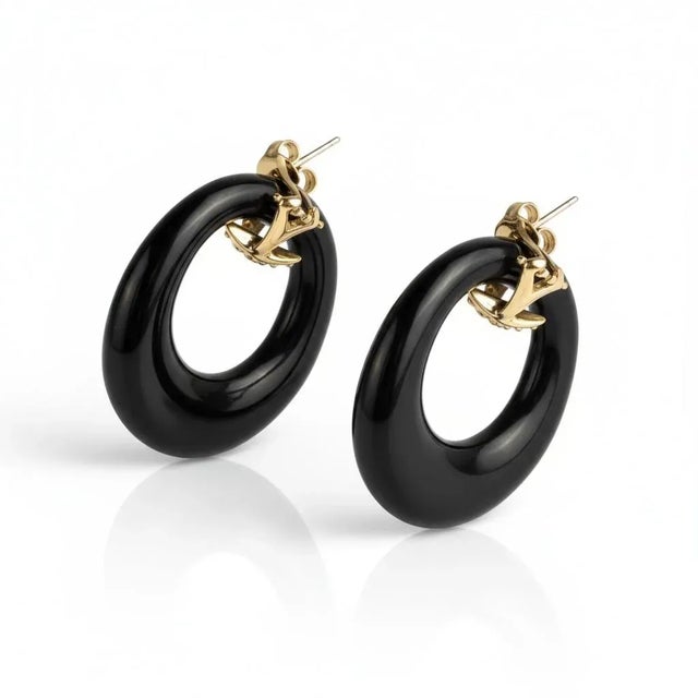 14k Yellow Gold Diamond and Carved Onyx Circle and Turquoise Door Knocker 1.5 Inch Earrings, a Pair For Sale - Image 9 of 10