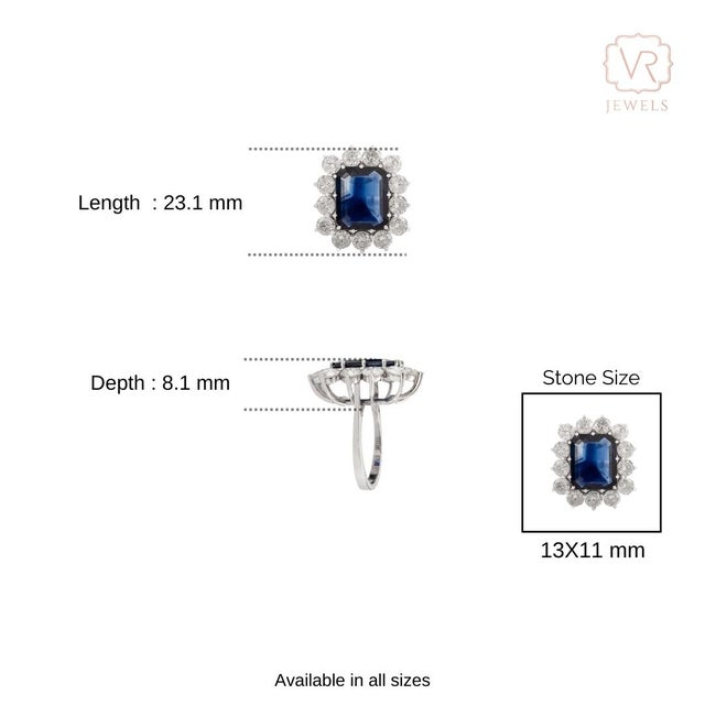 Luxury 7.11 Ct Sapphire Estate Ring With 13 Round 4.06 Ct Diamonds in 18k Gold Size 5 For Sale - Image 9 of 13