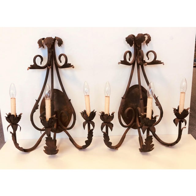 Vintage French Country Bronze 3Candle Wall Sconces With White Linen