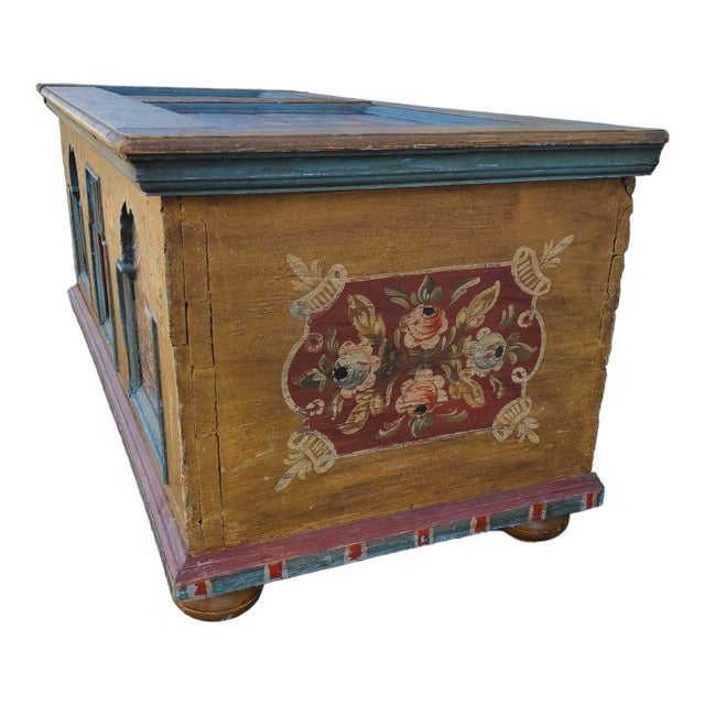 Antique Patinated German Trunk, Hand Painted With Floral Motif in