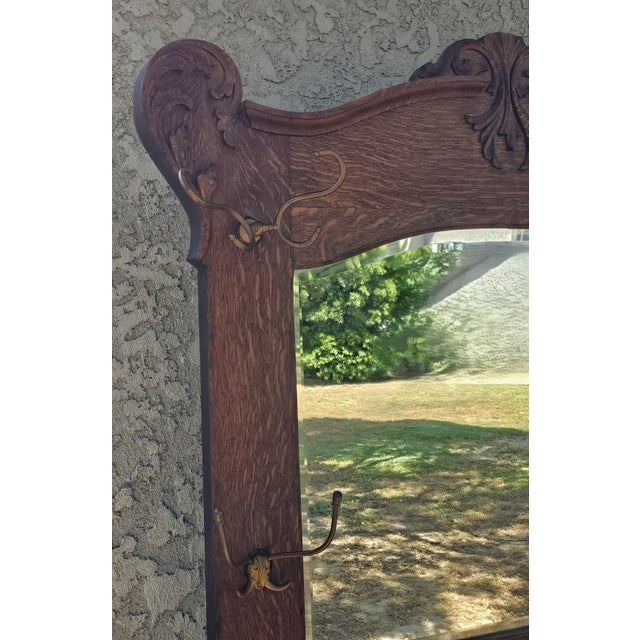 Antique American Quarter Sawn Tiger Oak Hall Tree With Beveled Mirror & Storage Bench For Sale - Image 11 of 18