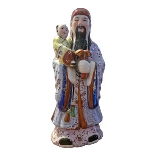 15" Hand-Painted Chinese Immortal Figurine Statue With Child (Longevity Deity) For Sale