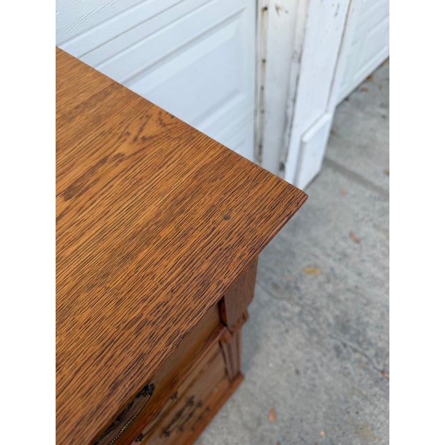 Brown Antique Victorian Oak Serpentine Front Five-Drawer Highboy Dresser With Ornate Carved Crest For Sale - Image 8 of 12