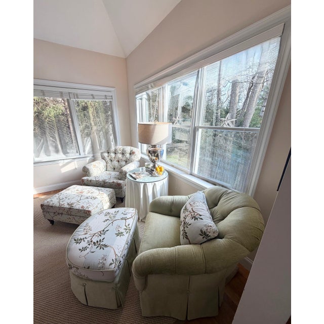 Custom Tufted Scalamandre Sky Blue Floral Lounge Chair and Ottoman Set For Sale - Image 10 of 18