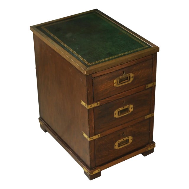 Victorian Military Campaign Chest in Green Leather & Brass Tooled Top For Sale