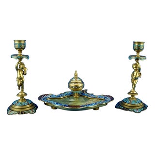 Triptych Inkwell and Candleholders in Gilded Bronze and Onyx Marble, Set of 3 For Sale