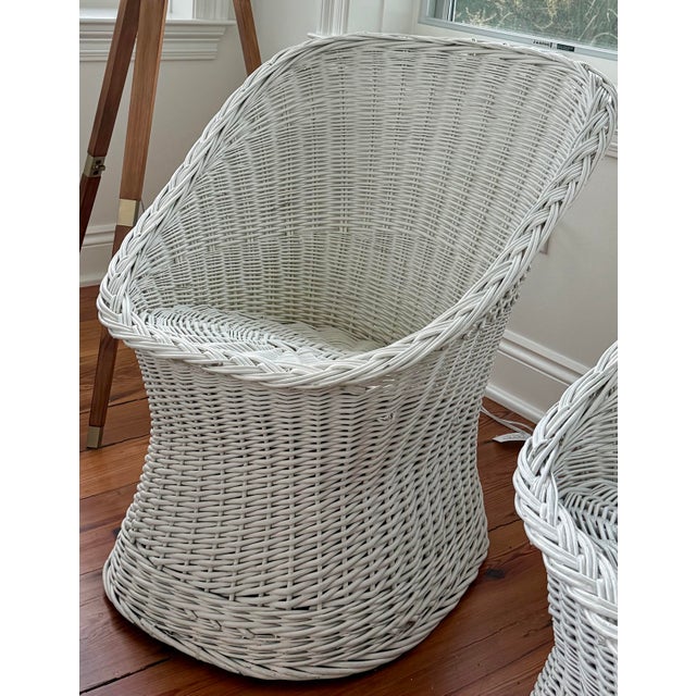 White Set of (2) Vintage Wicker Rattan Barrel/Bucket Style Chairs For Sale - Image 8 of 14