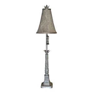 Tuscan-Inspired Buffet Table Lamp in Silver Tone With Bead Tassels and Matching Lamp Shade