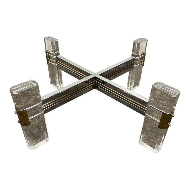 Postmodern Hollywood Regency Charles Hollis Jones Style Lucite Brass Chrome and Glass Coffee Table For Sale
