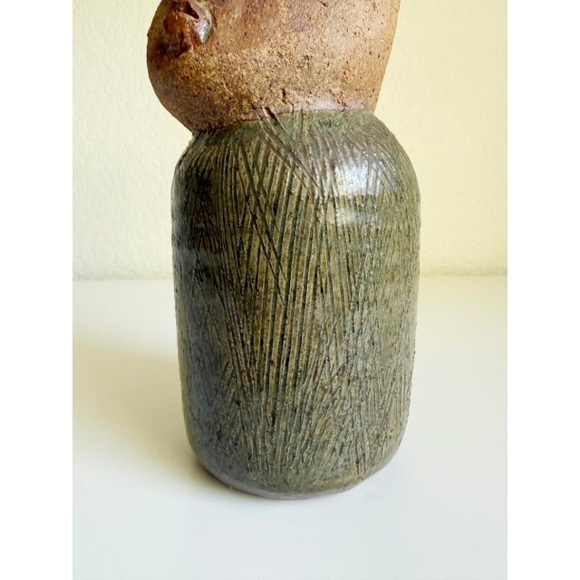 Olive Folk Art Pottery Figurative Vase, Artist Signed For Sale - Image 8 of 9
