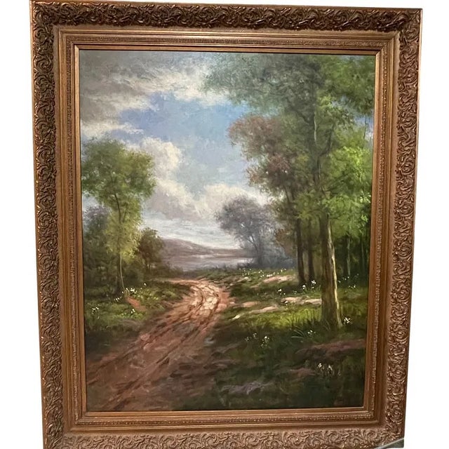 MASSIVE AND MONUMENTAL LANDSCAPE OIL PAINTING W ORNATE FRAME -This large, traditional landscape oil painting features a...