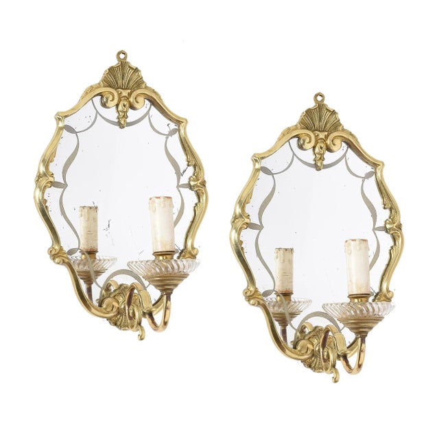 Italian Brass Sconces with Decorated Mirrors, 1930s, Set of 2 For Sale - Image 9 of 9