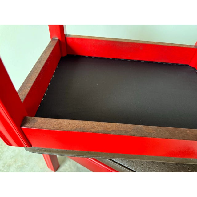 Wood 1970's Mid-Century Red Lacquered Mahogany Wood With Brown Leather Seats Ottomans - a Pair For Sale - Image 7 of 12
