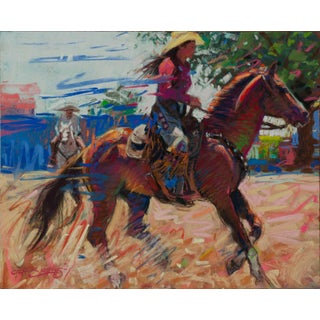 Warming up by Jeff Slemons | Soft Pastel On Sanded Paper Horse rider in motion with another rider behind. For Sale