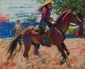 Warming up by Jeff Slemons | Soft Pastel On Sanded Paper Horse rider in motion with another rider behind.