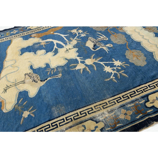 Antique Chinese Peking Art Deco Wool Rug in Indigo Blue and Cream, Circa 1920s For Sale - Image 10 of 12