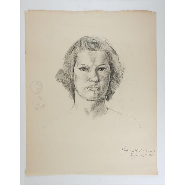 Vintage 1950 charcoal on paper portrait drawing of woman by Geneva Flores Hart (1906-2008) Texas. Signed and dated lower...