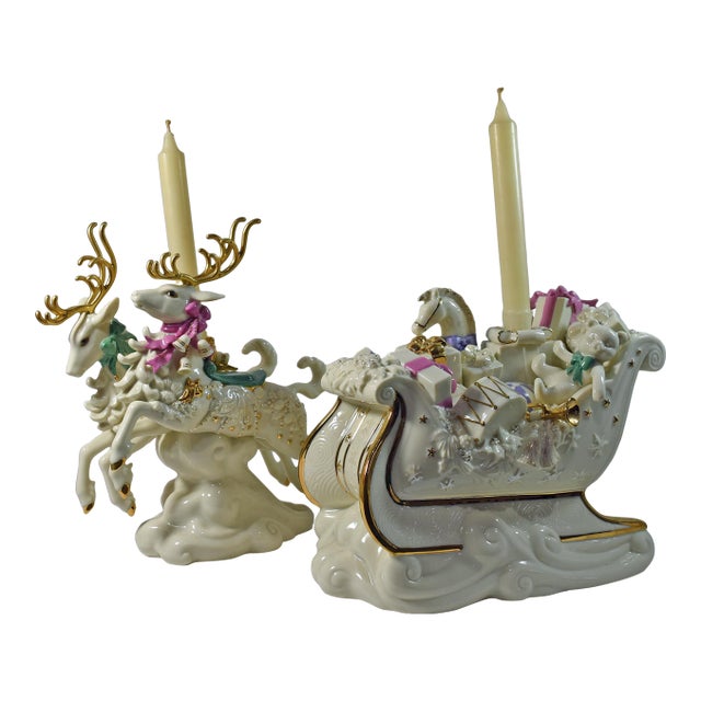Lenox Holiday Delivery Candlesticks Limited Edition 2002 No Box Deer & Sleigh Just gorgeous Lenox Christmas candlestick...