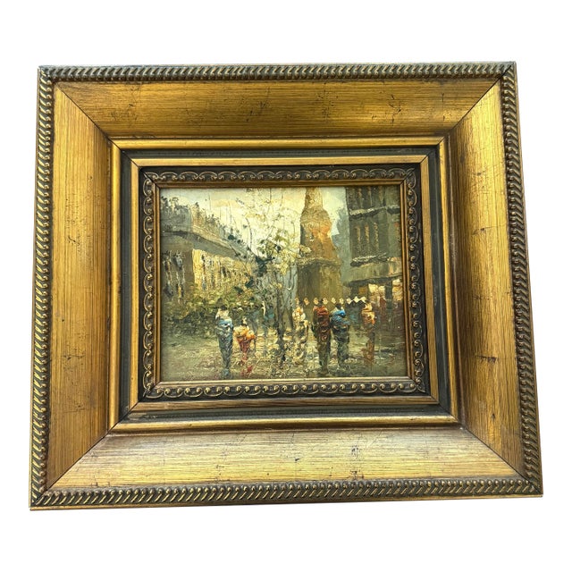 Vintage Impasto European Street Scene Oil Painting in Gilt Frame For Sale