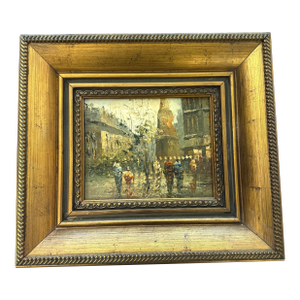 Vintage Impasto European Street Scene Oil Painting in Gilt Frame
