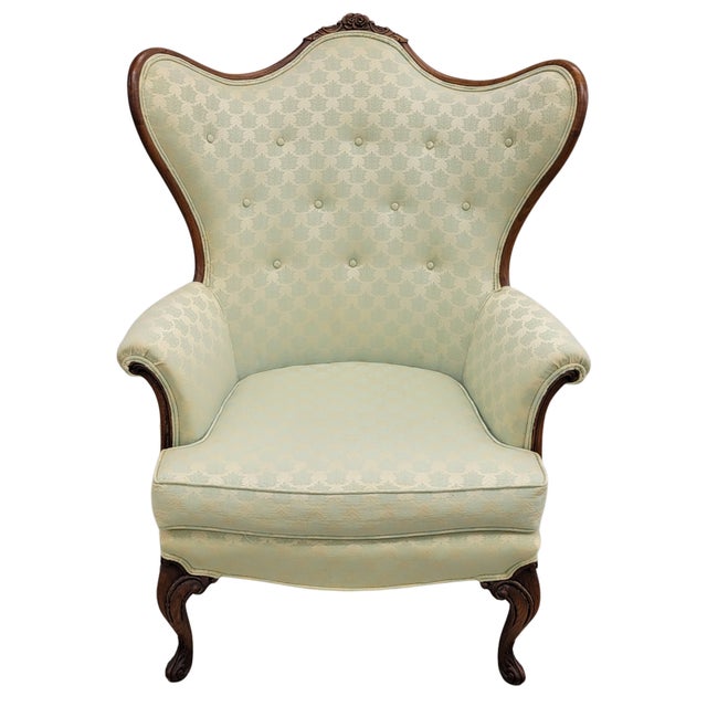 1940s Vintage French Louis XV Style Carved Wood Wingback Bergère Chairs in Pale Green Damask – Pair For Sale - Image 5 of 12