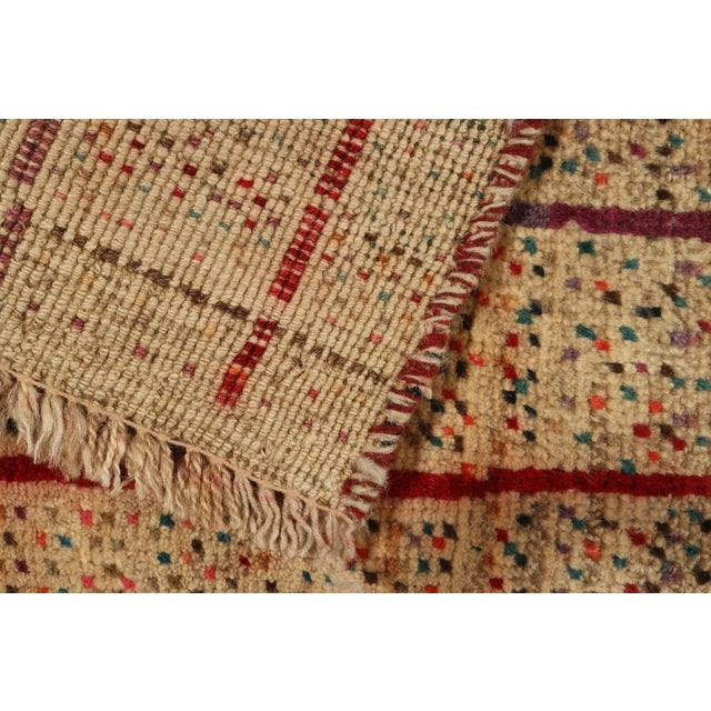 Textile 1950s Vintage Gabbeh Tribal Rug in Beige-Brown, Red Stripes and Colorful Dots For Sale - Image 7 of 8